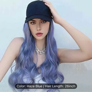 NEW - Hat Wig with a Baseball Cap Design, Featuring Long Wavy - HAZEL BLUE 26”